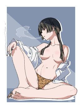 1girl animal_print bare_legs barefoot black_hair black_nails blonde_hair blowing_smoke border breasts cigarette collared_shirt commentary dress_shirt earrings feet hair_over_breasts highres holding holding_cigarette jewelry knee_up large_breasts leopard_print leopard_print_panties long_hair looking_to_the_side matatabeat multicolored_hair nail_polish navel off_shoulder open_clothes open_shirt original outside_border panties parted_lips print_panties profile shirt sideways_mouth sitting smoke smoking streaked_hair stud_earrings symbol-only_commentary toenail_polish toenails toes two-tone_hair underwear very_long_fingernails white_border white_shirt yellow_eyes yellow_nails yellow_panties