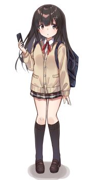 1girl arm_ribbon backpack bag black_bag black_hair bow bowtie brown_eyes brown_hair buttons cardigan center-flap_bangs closed_mouth dress expressionless frilled_dress frilled_sleeves frills highres holding holding_phone jacket long_hair long_sleeves looking_to_the_side original phone red_bow red_bowtie ribbon school_uniform shadow solo white_background zoirun