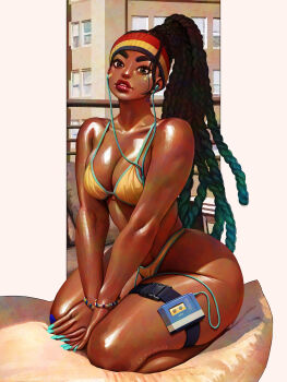 1girl aqua_hair aqua_nails aqua_trim azuma_yasuo bandaid bandaid_on_face bikini black_hair bracelet breasts brown_lips cleavage colored_tips dark_skin dreadlocks earbuds earphones highleg highleg_bikini highres jewelry kimberly_jackson looking_at_viewer multicolored_hair multicolored_headband official_alternate_costume official_alternate_hairstyle parted_lips seiza sitting solo sticker sticker_on_face street_fighter street_fighter_6 swimsuit thick_eyebrows thick_thighs thigh_strap thighs very_dark_skin walkman wide_hips yellow_bikini