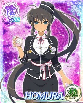 Rule 34 | 1girl, ahoge, aqua eyes, black hair, black hat, border, bottle, bowler hat, breasts, business suit, card (medium), character name, closed mouth, dark-skinned female, dark skin, employee uniform, formal clothes, game cg, hair ribbon, hat, high ponytail, holding, holding bottle, homura (senran kagura), large breasts, long hair, looking at viewer, name tag, official art, pantyhose, pencil skirt, perfume bottle, ponytail, purple background, ribbon, senran kagura, senran kagura new wave, skirt, skirt suit, smile, solo, suit, tan, third-party source, very long hair, white ribbon