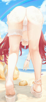 1girl absurdres anklet apple arknights ass ass_focus beach bead_anklet beads bikini cameltoe chack520 chinese_commentary commentary_request feet female_focus food frilled_thigh_strap from_behind fruit full_body golden_apple highres jewelry leaning_forward loli long_hair myrtle_(arknights) myrtle_(summer_flowers)_(arknights) necklace official_alternate_costume outdoors paid_reward_available platform_clogs platform_sandals red_hair sand sand_on_skin sandals shell shell_necklace soles solo swimsuit thigh_strap white_bikini