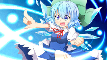 1girl :d blue_dress blue_eyes blue_hair bow breasts cirno clenched_hand collared_shirt detached_wings dress fang frilled_shirt_collar frills green_bow hair_between_eyes hair_bow ice ice_wings neck_ribbon nogisaka_kushio open_mouth pinafore_dress pointing puffy_short_sleeves puffy_sleeves red_ribbon ribbon shirt short_hair short_sleeves sleeveless sleeveless_dress small_breasts smile solo touhou wings