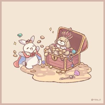 Rule 34 | :d, animal, animal focus, bow, bowtie, cape, chigu, closed mouth, coin, commentary request, crown, dog, gem, highres, key, no humans, open mouth, original, rabbit, red bow, red bowtie, red cape, simple background, smile, standing, treasure chest, yellow background