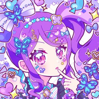 1girl bow butterfly_hair_ornament commentary_request finger_to_mouth hair_bow hair_ornament hairclip hand_up heart highres index_finger_raised junon_(pripara) long_hair looking_at_viewer multicolored_hair open_mouth pretty_series pripara purple_hair side_ponytail sidelocks solo sparkle streaked_hair upper_body x_hair_ornament yaka_(yaka_589)