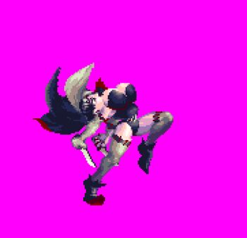 alternate_hair_length alternate_hairstyle animated animated_gif arched_back atlus black_hair bouncing_breasts breasts bustier cape cleavage elbow_gloves gloves high_collar huge_breasts knife leg_up lowres multicolored_hair necro_samantha pixel_art princess_crown short_hair stab stitches thighhighs thighs two-tone_hair vampire_costume vanillaware