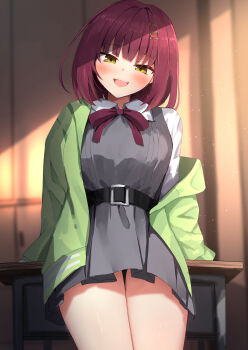 1girl :d absurdres arms_at_sides belt black_belt blunt_bangs blush bow bowtie classroom collared_shirt commentary cowboy_shot cowlick desk dress eyelashes futamihara_ririko green_jacket grey_dress hair_intakes hair_ornament hairclip head_tilt highres indoors jacket light_particles limelight_lemonade_jam long_sleeves medium_hair nodoameyatou open_clothes open_jacket open_mouth parallel_hairclips red_bow red_bowtie red_hair school_desk school_uniform shiny_skin shirt sleeveless sleeveless_dress smile smug solo straight_hair teeth thigh_gap thighs track_jacket tsurime upper_teeth_only white_shirt yellow_eyes