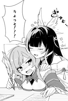 absurdres artist_name blush breast_press breasts closed_eyes columbina_(genshin_impact) commentary_request detached_collar detached_sleeves eye_mask feathers frilled_sleeves frills genshin_impact gloves greyscale hair_intakes hair_ribbon hand_on_another&#039;s_shoulder head_wings headdress highres holding holding_feather long_hair looking_at_another mask monochrome multiple_girls open_mouth owl_5151 paper quill ribbon sandrone_(genshin_impact) speech_bubble translation_request twitter_username white_background wings yuri