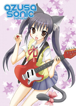 1girl animal_ears cat_ears cat_tail character_name dot_nose english_text fake_animal_ears fake_tail fang feet_out_of_frame female_focus guitar hair_between_eyes holding holding_guitar holding_instrument instrument japanese_text k-on! long_hair looking_at_viewer nakano_azusa open_mouth plectrum ribbon sakuragaoka_high_school_uniform school_uniform shirt short_sleeves skirt solo star_(symbol) sweater_vest tail twintails white_shirt yellow_sweater_vest