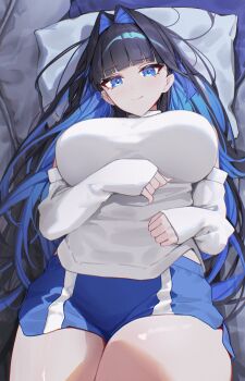 1girl absurdres black_hair blue_eyes blue_hair blue_shorts blunt_bangs blunt_ends breasts closed_mouth colored_inner_hair commentary detached_sleeves earrings english_commentary hair_intakes highres hime_cut hololive hololive_english jewelry large_breasts long_hair long_sleeves looking_at_viewer lying multicolored_hair official_alternate_costume on_back ouro_kronii ouro_kronii_(casual) shirt short_shorts shorts sleeveless sleeveless_turtleneck sleeves_past_wrists smile solo turtleneck virtual_youtuber white_shirt yoellim5