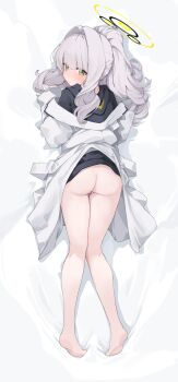 1girl absurdres ass barefoot blue_archive blush commentary dakimakura_(medium) full_body green_eyes grey_hair halo hare_(blue_archive) highres looking_back lying mikozin on_stomach ponytail solo
