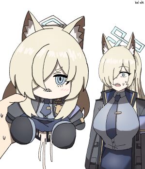 1girl absurdres animal_ears blonde_hair blue_archive blue_eyes breasts character_doll commentary cum cum_in_pussy cum_on_object cumdrip dog_ears doll hair_over_one_eye halo highres kai_xin kanna_(blue_archive) large_breasts long_hair police police_uniform policewoman sharp_teeth simple_background teeth untranslatable_commentary white_background