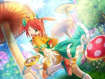 1girl alice's_adventures_in_wonderland animal_ears bow brown_eyes clock cosplay cropped_jacket dutch_angle fake_animal_ears game_cg gloves green_shoes hair_bow jacket kano_misora looking_at_viewer mushroom official_art one_eye_closed open_mouth orange_jacket rabbit_ears reaching reaching_towards_viewer red_hair shoes shorts shoujo_kageki_revue_starlight shoujo_kageki_revue_starlight_-re_live- socks solo standing standing_on_one_leg upper_body white_gloves white_rabbit_(alice_in_wonderland) white_rabbit_(alice_in_wonderland)_(cosplay) white_shorts white_socks