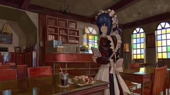 1girl absurdres an_yb apron back_bow black_dress blue_eyes blue_hair bow cafe cake chair chandelier closed_mouth commentary counter cup dress drinking_glass drinking_straw food frilled_apron frills from_behind highres holding holding_notepad indoors juliet_sleeves lamp long_dress long_sleeves looking_at_viewer looking_back maid maid_apron maid_headdress notepad original picture_frame ponytail puffy_sleeves revision short_hair short_ponytail solo table white_apron white_bow white_headdress window window_shadow