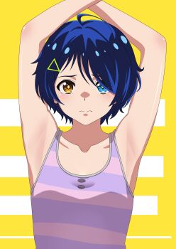 1girl absurdres armpits arms_up blue_hair hair_ornament hairclip heterochromia highres ooto_ai sorashikomi wonder_egg_priority
