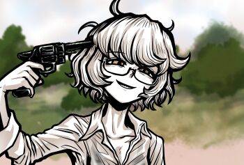 1girl artist_self-insert collared_shirt commentary_request flat_chest gun gun_to_head handgun highres nazo_no_diaboro orange_eyes original outdoors revolver scene_reference shirt short_hair smile solo sonatine upper_body weapon white_hair
