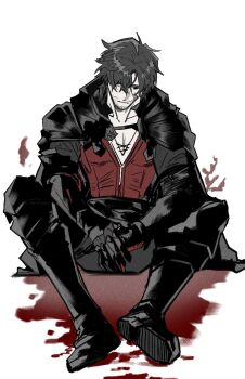 1boy black_boots black_cape black_hair black_pants boots cape clive_rosfield closed_mouth collarbone commentary downcast_eyes english_commentary final_fantasy final_fantasy_xvi garbage_paper highres long_sleeves male_focus pants red_shirt shirt sitting solo white_background