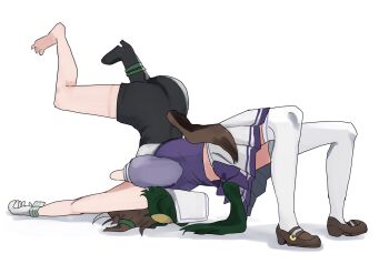 Rule 34 | 2girls, black boots, black shorts, boots, brown hair, brown shoes, commentary request, full body, german suplex, gloves, green hair, highres, horse tail, kiseki (umamusume), multiple girls, purple shirt, rulership (umamusume), sailor collar, school uniform, shadow, shirt, shoes, shorts, single bare foot, skirt, summer uniform, suplex, tail, thigh boots, thighhighs, toa510, tracen school uniform, umamusume, umamusume horse relations, white background, white gloves, white sailor collar, white skirt, white thighhighs