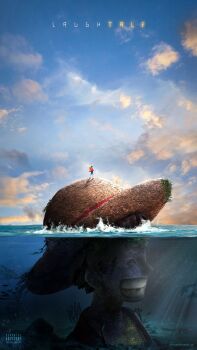 1boy artist_name back blue_shorts blue_sky cloud cloudy_sky commentary english_text evening french_commentary full_body hat highres holding holding_unworn_clothes holding_unworn_hat maksensse_gf male_focus monkey_d._luffy moss ocean one_piece outdoors parental_advisory partially_submerged partially_underwater_shot red_shirt scenery shirt short_sleeves shorts sky smile solo splashing standing statue straw_hat sunlight underwater unworn_hat unworn_headwear water