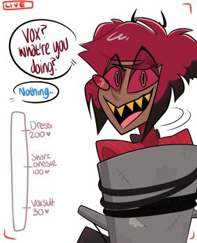 1boy absurdres alastor_(hazbin_hotel) animal_ears chair colored_sclera deerdulce english_text hazbin_hotel hellaverse highres horns jacket looking_at_viewer looking_back male_focus monocle red_eyes red_hair red_jacket red_sclera restrained sharp_teeth short_hair sitting smile striped_clothes striped_jacket teeth