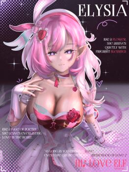 1girl absurdres beret breasts character_name cleavage commentary cover diamond-shaped_pupils diamond_(shape) dress earrings elf elysia_(hi_love_elf)_(honkai_impact) elysia_(honkai_impact) english_text fake_magazine_cover hat heart heart_earrings highres honkai_(series) honkai_impact_3rd jewelry large_breasts long_hair looking_at_viewer magazine_cover multicolored_hair pink_hair pointy_ears purple_eyes smile solo splswagg symbol-shaped_pupils two-tone_hair very_long_hair white_dress white_hair