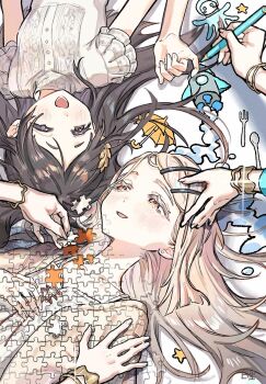 2girls blonde_hair blouse blush bracelet brown_hair camisole collarbone colored_eyelashes commentary_request gakuen_idolmaster hair_ornament hair_spread_out hairclip half-closed_eyes highres hisato_00 holding holding_pencil holding_puzzle_piece idolmaster jewelry jigsaw_puzzle kuramoto_china laurels leaf_hair_ornament long_hair looking_at_another lying michinaru_hirogaru_(idolmaster) multiple_girls multiple_views on_back open_clothes open_mouth open_robe orange_eyes out_of_frame parallel_hairclips pencil puzzle puzzle_piece robe rotational_symmetry shinosawa_hiro shirt short_sleeves smile upper_body white_camisole white_robe white_shirt