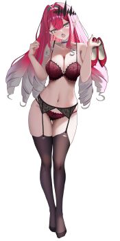 1girl absurdres baobhan_sith_(fate) bare_shoulders black_panties blush bra breasts cleavage commentary_request earrings fate/grand_order fate_(series) full_body garter_belt grey_eyes highres jewelry large_breasts long_hair looking_at_viewer mishiro_(ixtlolton) navel open_mouth panties pink_hair pointy_ears red_nails shoes sidelocks simple_background solo standing tiara underwear underwear_only white_background