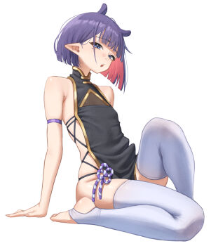 1girl alternate_costume arm_strap black_dress blue_eyes blunt_bangs china_dress chinese_clothes colored_inner_hair dress flat_chest full_body gold_trim halter_dress halterneck highres hololive hololive_english knee_up looking_at_viewer mole mole_under_eye multicolored_hair ninomae_ina'nis no_shoes open_mouth pink_hair pointy_ears purple_hair samukzz short_hair sideless_dress simple_background sleeveless sleeveless_dress solo stirrup_legwear thighhighs toeless_legwear toes virtual_youtuber white_background