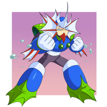 1boy android arm_fins chest_jewel clenched_hands clenched_teeth fins full_body gloves grin head_fins highres mega_man_(classic) mega_man_(series) mega_man_v neptune_(mega_man) red_eyes robot robot_ears sharp_teeth smile solo standing teeth toastiepumpkin two-tone_background white_gloves