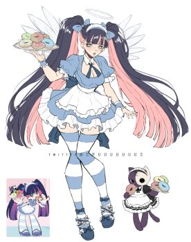 1girl alternate_hairstyle angel_wings apron blue_eyes blunt_bangs bow breasts cleavage colored_inner_hair criis-chan donut dress feathered_wings feathers food frilled_hairband frills hair_bow hairband halo holding holding_tray honekoneko_(psg) long_hair looking_at_viewer maid maid_apron multicolored_hair panty_&amp;_stocking_with_garterbelt pink_hair purple_hair reference_inset stocking_(psg) striped_clothes striped_thighhighs thighhighs tray twintails two-tone_hair unconventional_maid white_halo white_wings wings