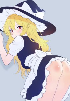 1girl absurdres apron ass back_bow bent_over black_hat black_skirt black_vest blonde_hair blush bow braid closed_mouth commentary english_commentary hat hat_bow highres kirisame_marisa long_hair looking_at_viewer no_panties red_eyes side_braid single_braid skirt solo touhou vest waist_apron white_apron white_bow witch_hat zivmf