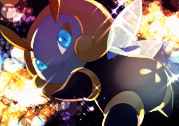 blue_eyes blurry bokeh closed_mouth commentary_request depth_of_field gen_3_pokemon glint illumise looking_at_viewer looking_back nintendo no_humans omega_takai pokemon pokemon_(creature) solo sparkle