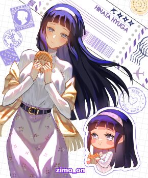 1girl absurdres artist_name belt black_belt black_hair blunt_bangs blush blush_stickers breasts character_name chibi chibi_inset cowboy_shot eating floral_print floral_print_skirt food grey_eyes grid_background hairband highres hime_cut holding holding_food hyuuga_hinata light_smile long_hair long_skirt looking_at_viewer medium_breasts multiple_views naruto_(series) naruto_shippuuden no_pupils official_alternate_costume pink_skirt plaid_clothes plaid_shawl print_hairband print_skirt shawl skirt sweater turtleneck turtleneck_sweater white_sweater zimo_on