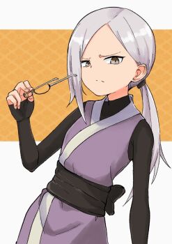Rule 34 | 1girl, annoyed, arm at side, bags under eyes, black sash, black shirt, brown eyes, closed mouth, covered collarbone, cowboy shot, dot nose, eyelashes, female focus, flat chest, from side, glasses, grey hair, hand up, japanese clothes, kimono, kunoichi tsubaki no mune no uchi, long hair, looking at viewer, looking to the side, low ponytail, ninja, orange background, petite, ponytail, purple kimono, sash, shirt, sideways glance, simple background, solo, standing, sumire (kunoichi tsubaki no mune no uchi), tanuki noyama, two-tone background, two-tone kimono, unworn eyewear, white background, white kimono