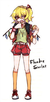 Rule 34 | 1girl, alternate costume, belt, blonde hair, bracelet, burger, casual, character name, contemporary, embodiment of scarlet devil, female focus, flandre scarlet, food, jacket, jewelry, pants, red eyes, ring, short hair, socks, solo, tima, touhou, wings