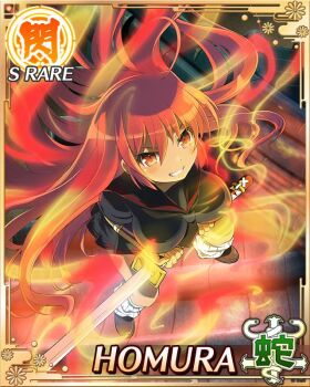 1girl aura black_necktie black_sailor_collar black_shirt black_skirt border breasts card_(medium) character_name dark-skinned_female dark_skin from_above game_cg hebijo_academy_school_uniform holding holding_sword holding_weapon homura_(senran_kagura) katana large_breasts long_hair looking_at_viewer looking_up necktie night official_art on_roof pleated_skirt red_eyes red_hair sailor_collar school_uniform senran_kagura senran_kagura_new_wave shirt skirt solo sword tan third-party_source very_long_hair weapon