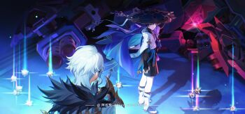 Rule 34 | 2boys, absurdres, alalen, animal print, arm at side, armor, bird print, black bodysuit, black bow, black bridal gauntlets, black sandals, black shorts, blue cape, blue eyes, blue gem, blue hat, blue sleeves, blunt ends, bodysuit, bow, bridal gauntlets, bright pupils, cape, choppy bangs, closed mouth, coat, commentary request, compensator, curled fingers, dated, dottore (genshin impact), expressionless, eyeliner, facing another, fatui logo, feathers, fur-trimmed coat, fur trim, furisode, gameplay mechanics, gem, genshin impact, glint, glowing object, gold, gold ring, gun, hakama, hakama shorts, hand up, hat, highres, japanese armor, japanese clothes, jingasa, kimono, kote, kurokote, layered sleeves, leg warmers, looking at another, makeup, mecha, middle ring, multiple boys, pleated shorts, pom pom (clothes), purple cape, purple rope, red eyeliner, robot, rope, sandals, scaramouche (genshin impact), shadow, short sleeves, shorts, standing, stirrup legwear, syringe earrings, tassel, toeless legwear, toenails, toes, tsurime, turtleneck, turtleneck bodysuit, vision (genshin impact), wanderer (genshin impact), weapon, white coat, white hair, white kimono, white leg warmers, white pupils, white sleeves, white trim, yellow feathers, zouri