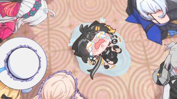 1boy 5girls aalto_(wuthering_waves) ahoge black_dress black_hair blonde_hair bow breasts carlotta_(wuthering_waves) cartethyia_(wuthering_waves) chibi chibi_inset commentary_request crown_of_thorns crying crying_with_eyes_open dress female_rover_(wuthering_waves) galbrena_(wuthering_waves) grey_hair hair_bow hair_ribbon hairband hat highres kicking long_hair medium_breasts multiple_girls open_mouth pangu_terminal_(wuthering_waves) phoebe_(wuthering_waves) pink_bow pink_hairband puddle ribbon rover_(wuthering_waves) starblame tears white_hat wuthering_waves yellow_eyes yellow_ribbon