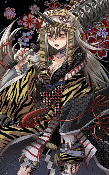 1girl alternate_costume animal_print bandage_on_finger bandaged_fingers bandaged_leg bandaged_neck bandaged_wrist bandages black_background breasts cleavage cowboy_shot flower flower_tattoo forest_(4423) gem grey_hair grey_horns grey_kimono hair_between_eyes hand_up headwear_request highres holding holding_weapon horns houndstooth japanese_clothes kikkoumon kimono kureha_yuna leg_tattoo long_hair looking_at_viewer magia_record:_mahou_shoujo_madoka_magica_gaiden mahou_shoujo_madoka_magica medium_breasts open_mouth print_kimono print_shorts red_flower red_gemstone red_nails red_ribbon red_sash ribbon sash seigaiha shorts shoulder_tattoo single_horn solo spider_lily tattoo teeth tiger_print tiger_stripes two-tone_kimono very_long_hair weapon weapon_request yellow_eyes yellow_kimono