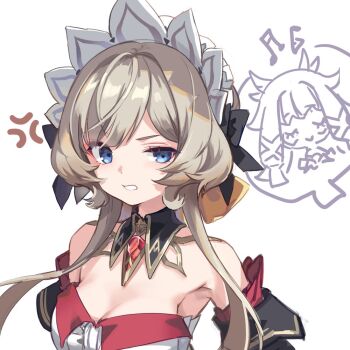 2girls anger_vein annoyed bare_shoulders blue_eyes breasts brown_hair clenched_teeth closed_eyes columbina_(genshin_impact) detached_collar detached_sleeves dress genshin_impact h2so4 headdress long_hair looking_at_viewer mask multiple_girls musical_note sandrone_(genshin_impact) short_hair_with_long_locks simple_background teeth upper_body white_background