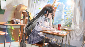 >_< 1girl absurdres al_guang armband bag black_bag black_hair black_pantyhose blue_ribbon breasts can coca-cola commentary_request commission curtains desk dragon_horns dragon_tail drink_can falling_leaves from_side hair_ribbon highres holding holding_pen horns indoors large_breasts leaf li_mo_sumi light_rays long_hair pantyhose pen pleated_skirt project-sp ribbon school_desk second-party_source shirt shirt_tucked_in sidelocks sitting skirt soda_can tail unworn_eyewear virtual_youtuber white_armband white_shirt yellow_eyes
