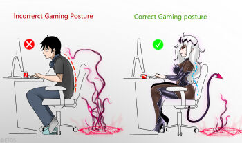 before_and_after black_ftos black_hair black_pantyhose black_shirt blue_slippers bodystocking boots breasts chair computer correct_gaming_posture_(meme) corruption demon_girl demon_horns demon_tail english_text from_side genderswap grey_pants headphones headphones_around_neck high_heel_boots high_heels highres horns large_breasts leotard long_hair magic_circle meme monitor office_chair original pants pantyhose pointy_ears red_eyes shirt short_hair short_sleeves sitting slippers smile swivel_chair t-shirt tail transformation typing white_hair