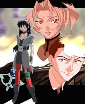 Rule 34 | 1boy, 2girls, bad id, belt, black belt, black boots, black dress, black hair, boots, choker, closed mouth, coat, diva (el hazard), dress, el hazard, facial mark, forehead mark, grey coat, holding, holding staff, ifurita tv, jinnai katsuhiko, long hair, lowres, multiple girls, open clothes, open coat, ouya kei, pantyhose, parted lips, red choker, red pantyhose, short hair, smile, staff, standing, wristband