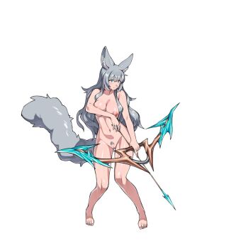 Rule 34 | 1girl, animal ear fluff, animal ears, arrow (projectile), axl crow, blue eyes, bow (weapon), breasts, commentary, completely nude, covering one breast, covering privates, demonherd, english commentary, female pubic hair, full body, grey hair, holding, holding bow (weapon), holding weapon, inverted nipples, large breasts, long hair, nipples, nude, ponytail, pubic hair, pussy, simple background, solo, sparse pubic hair, tail, weapon, weiss (demonherd), white background