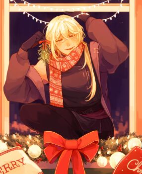 1boy :d a_date_with_death absurdres black_gloves black_jacket black_shirt bow casper_(a_date_with_death) double-parted_bangs fairy_lights gloves hair_between_eyes hair_over_shoulder hand_up highres holding holding_mistletoe jacket jacket_partially_removed jellyfish_cut knee_up looking_at_viewer male_focus mistletoe official_art open_mouth open_window promotional_art red_eyes red_scarf scarf shirt sleeveless sleeveless_shirt smile solo white_hair window wreath