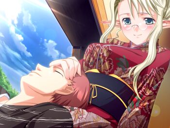 1boy 1girl blonde_hair blue_eyes elf eyes_closed game_cg harem_party japanese_clothes kimono pointy_ears sofisutia_gushigusu