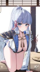 Rule 34 | 1girl, alternate breast size, arm support, armor, ayaka (genshin impact), barefoot, blue eyes, blue hair, blunt bangs, blush, breasts, cosplay, genshin impact, highres, jacket, kamisato ayato, kamisato ayato (cosplay), kneeling, large breasts, long hair, looking at viewer, mole, mole under eye, open clothes, open jacket, parted lips, ponytail, shoulder armor, solo, thighs, very long hair, white jacket, yeni1871