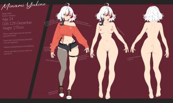 absurdres ahoge black_hair black_shoes breasts commentary completely_nude english_commentary english_text from_behind highres medium_breasts minami_(anb_draws) mole mole_on_ass mole_on_breast mole_on_shoulder mole_on_stomach multicolored_hair nipple_piercing nipples nude original piercing red_background red_hair red_nails red_sweater reference_sheet shoes short_shorts shorts single_leg_pantyhose single_nipple_piercing smile sweater thigh_strap white_hair yanbonan yellow_eyes