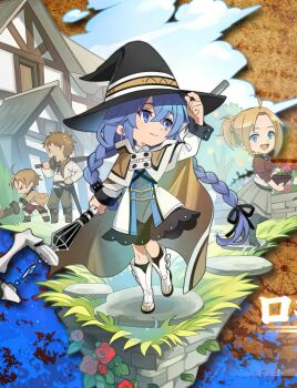 2boys 2girls ahoge blonde_hair blue_eyes boots bow braid brown_cape brown_hair cape chibi cloud father_and_son flower flower_bush flower_pot grass hair_between_eyes hair_bow hat highres holding holding_flower_pot house looking_at_another mage_staff md5_mismatch multiple_boys multiple_girls mushoku_tensei official_art over_shoulder paul_greyrat red_flower resized roxy_migurdia rudeus_greyrat sevens_story staff sword sword_over_shoulder tree twin_braids upscaled weapon weapon_over_shoulder white_boots witch_hat wooden_sword zenith_greyrat