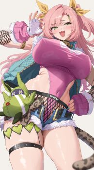 1girl :3 absurdres blue_jacket blue_shorts blush breasts covered_erect_nipples covered_navel cutoffs fingernails fishnets gloves green_eyes green_nails hair_ribbon highres hip_bones huge_breasts jacket leopard_tail leotard long_hair mole mole_under_eye multicolored_nails nail_polish nicole_demara nicole_demara_(cunning_cutie) ok_sign open_mouth pink_hair pink_leotard pink_nails purple_nails ramanda revision ribbon shorts simple_background smile solo tail thigh_strap thighs two_side_up white_gloves zenless_zone_zero