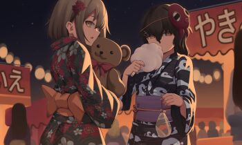 2girls adachi_t_(xadachit) back_bow bag bagged_fish black_kimono black_sky bow brown_hair cloud_print commentary commission cotton_candy dated_commentary english_commentary fish floral_print floral_print_kimono flower food from_side girls&#039;_frontline girls&#039;_frontline_neural_cloud grey_hair hair_between_eyes hair_flower hair_ornament hairclip hatsuchiri_(neural_cloud) highres holding holding_bag holding_cotton_candy holding_food holding_stuffed_toy japanese_clothes kimono long_hair long_sleeves looking_at_viewer mask medium_hair mole mole_under_eye multiple_girls night obi open_mouth orange_bow orange_eyes outdoors print_kimono sash sidelocks sky standing star_(sky) stuffed_animal stuffed_toy summer_festival teddy_bear turning_head vector_(girls&#039;_frontline) wide_sleeves